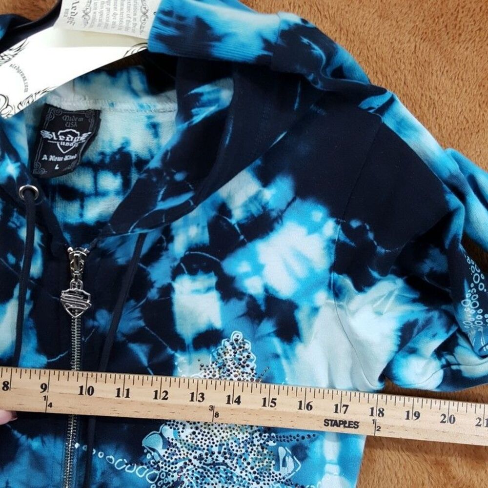 SLEDGE USA Vintage Hoodie Womens Large Blue Zip Tie Dye Rhinestone Tunic Y2K - Picture 8 of 10